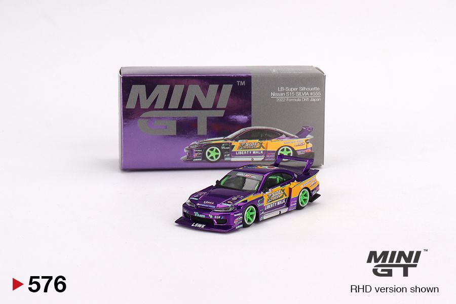 1:64 Mini GT #576 Nissan S15 SILVIA LB-Super Silhouette #555 2022 Formula Drift Japan – Chrome Purple Limited Edition mgt00576
