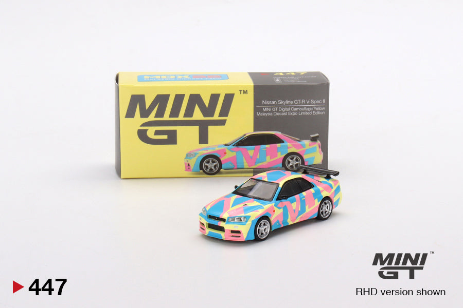 1/64 Mini GT #447 Nissan Skyline GT-R (R34) V-Spec II MINI GT Digital Camouflage Yellow Malaysia Exclusive Limited Edition