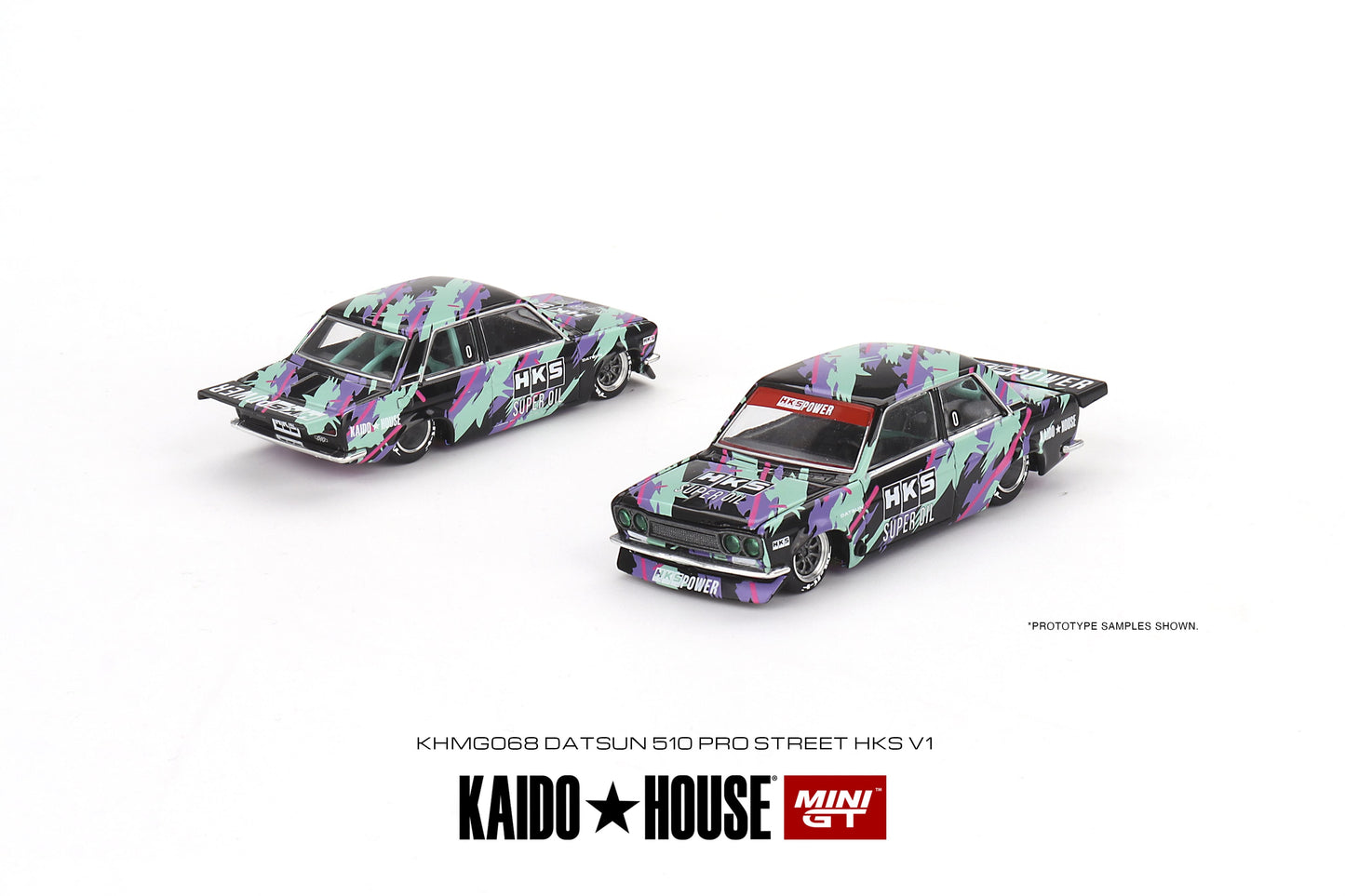 1/64 Kaido House x Mini GT Datsun 510 Pro Street HKS V1 – Black Green Limited Edition KHMG068 Sealed