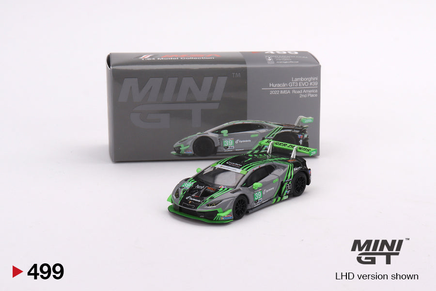 1/64 Mini GT #499 Lamborghini Huracán GT3 EVO #39 2022 IMSA Road America 2nd Place Limited Edition mgt00499