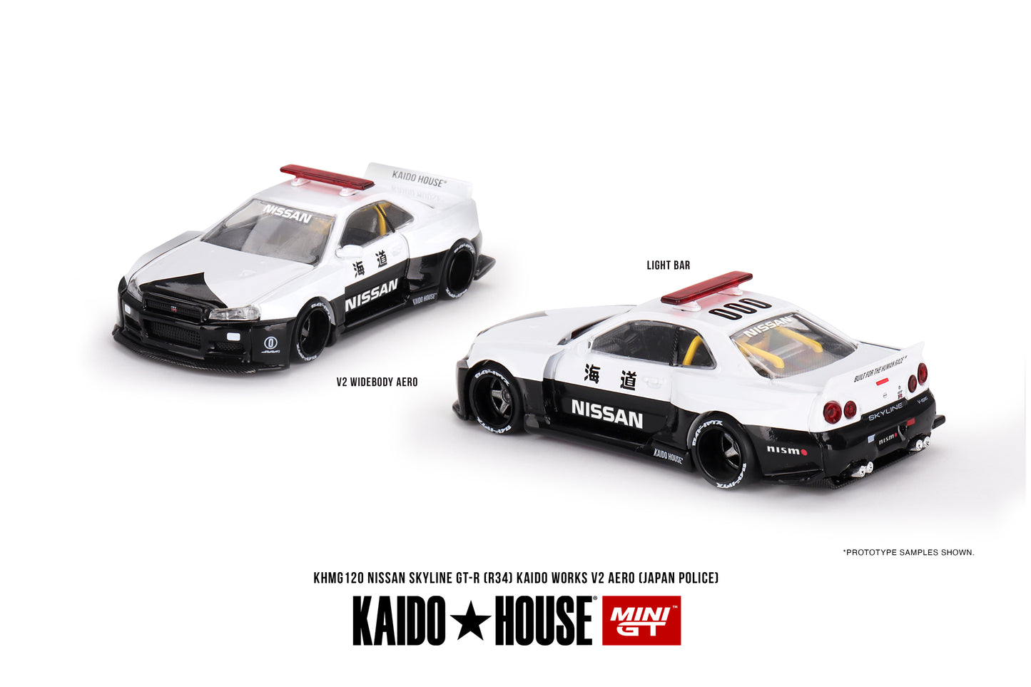 1/64 Kaido House x Mini GT Nissan Skyline GT-R R34 Kaido Works (V2 Aero) Police Limited Edition KHMG120 SEALED