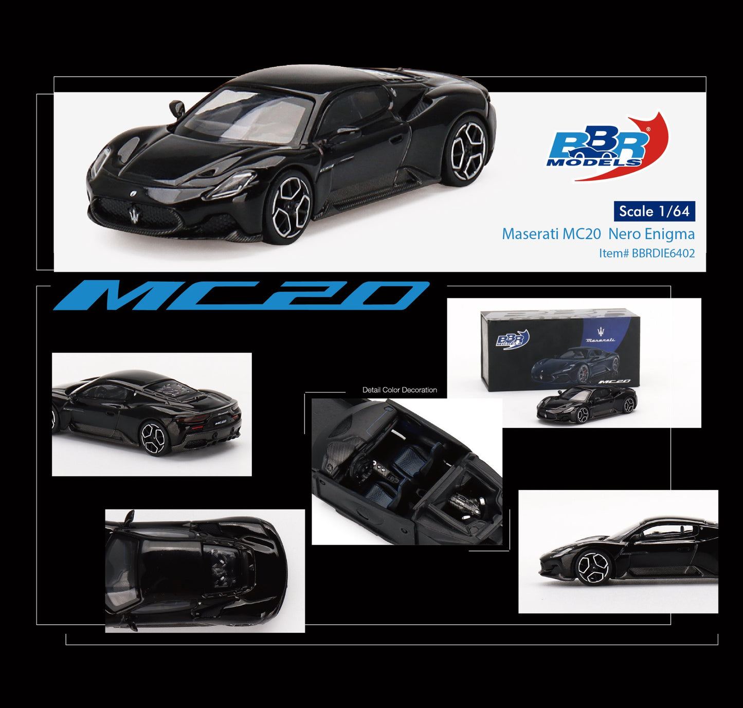 1/64 BBR Models Maserati MC20 Nero Enigma Black BBRDIE6402