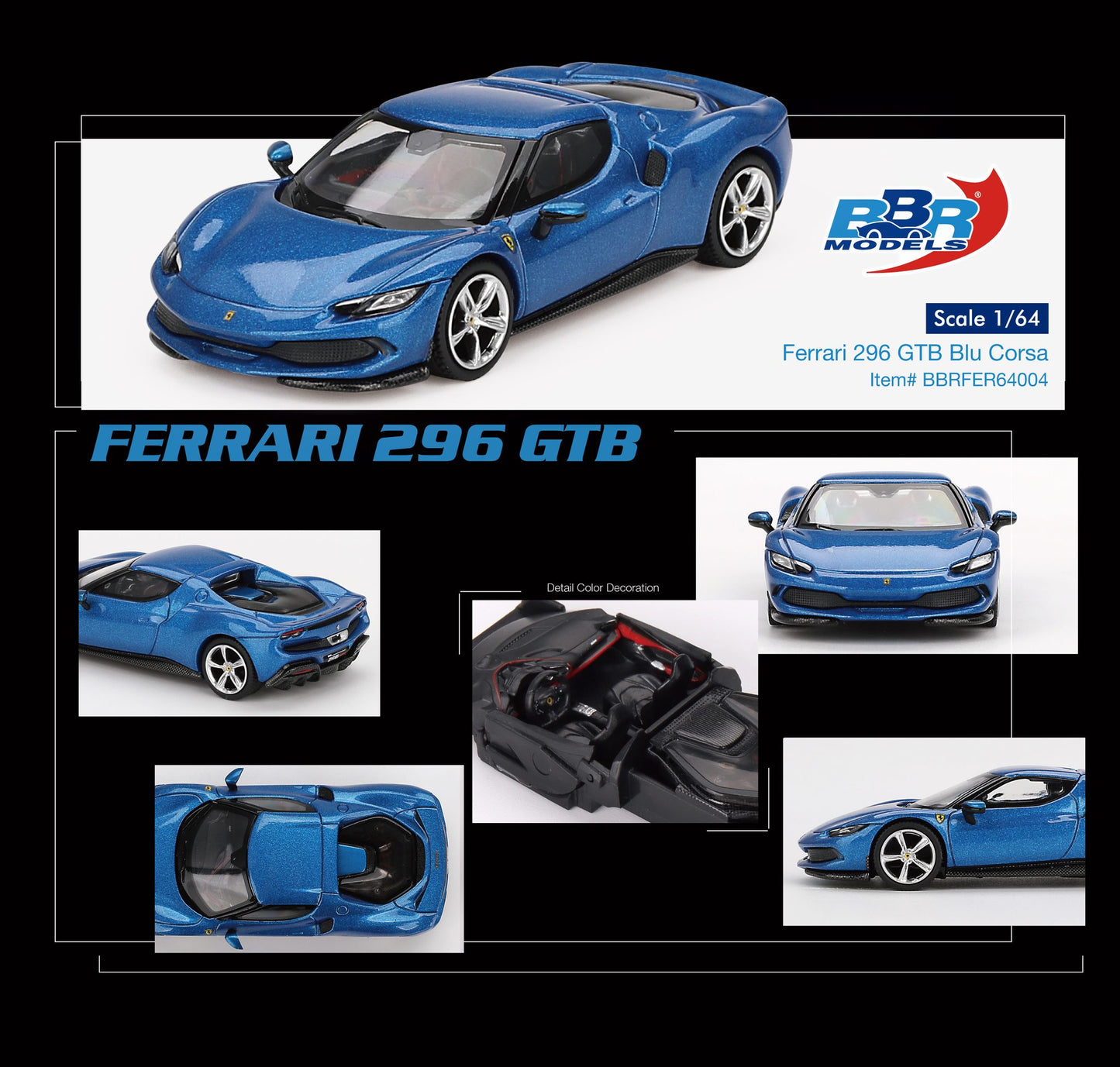 1/64 BBR Models Ferrari 296 GTB Blu Corsa Limited Edition BBRFER64004