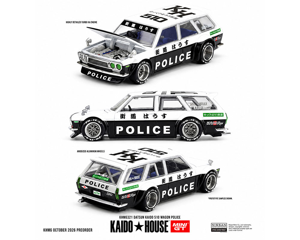 Pre-Order | 1:64 Kaido House x Mini GT Datsun KAIDO 510 Wagon Police – Black White Limited Edition KHMG321