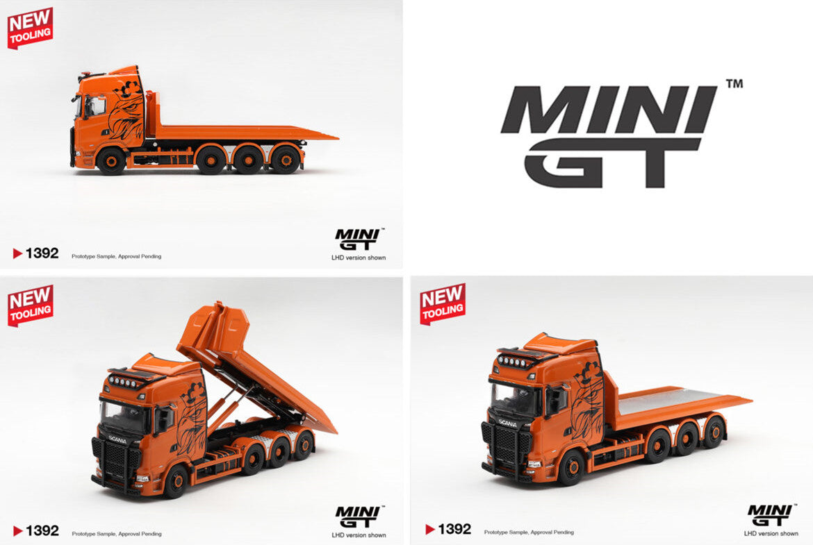 Pre-Order | 1:64 Mini GT #1392 Scania 770S B8x4NA Hooklift Flatbed Orange Limited Edition MGT01392