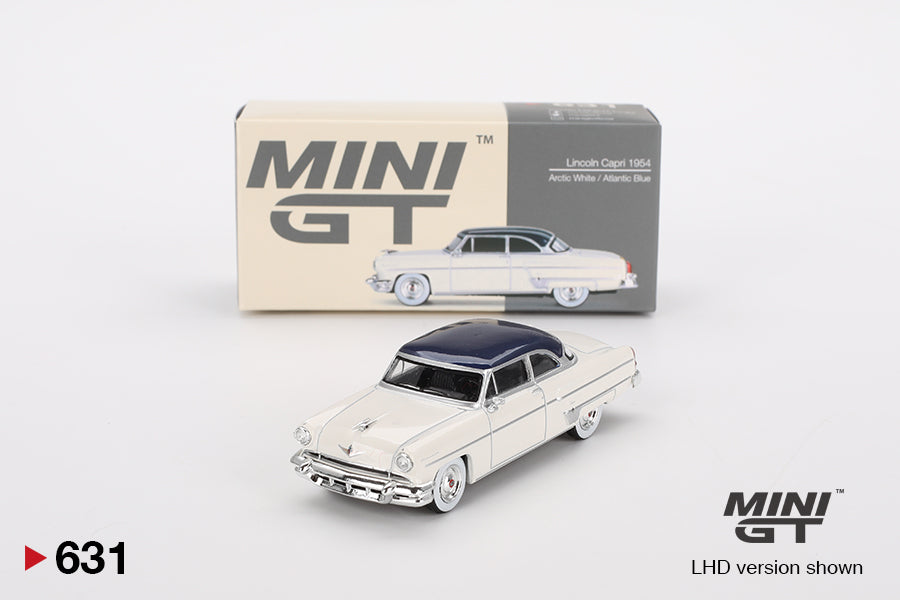 1/64 Mini GT #631 Lincoln Capri 1954 – Arctic White / Atlantic Blue Limited Edition mgt00631