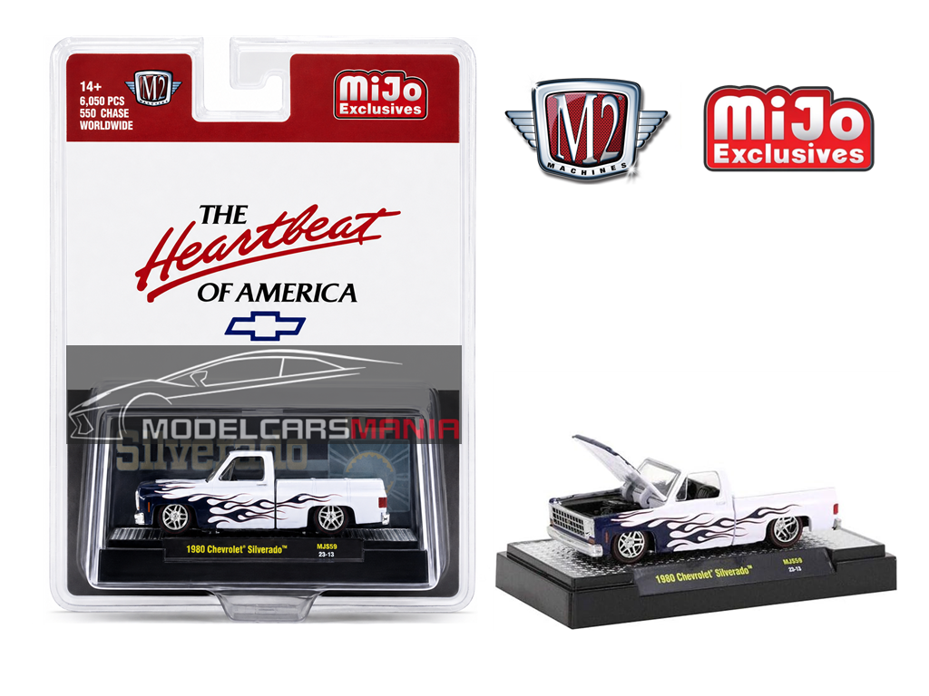 1/64 M2 Machines 1980 Chevrolet Silverado White w/ Blue Flames Limited Edition MiJo Exclusives 31500-MJS59