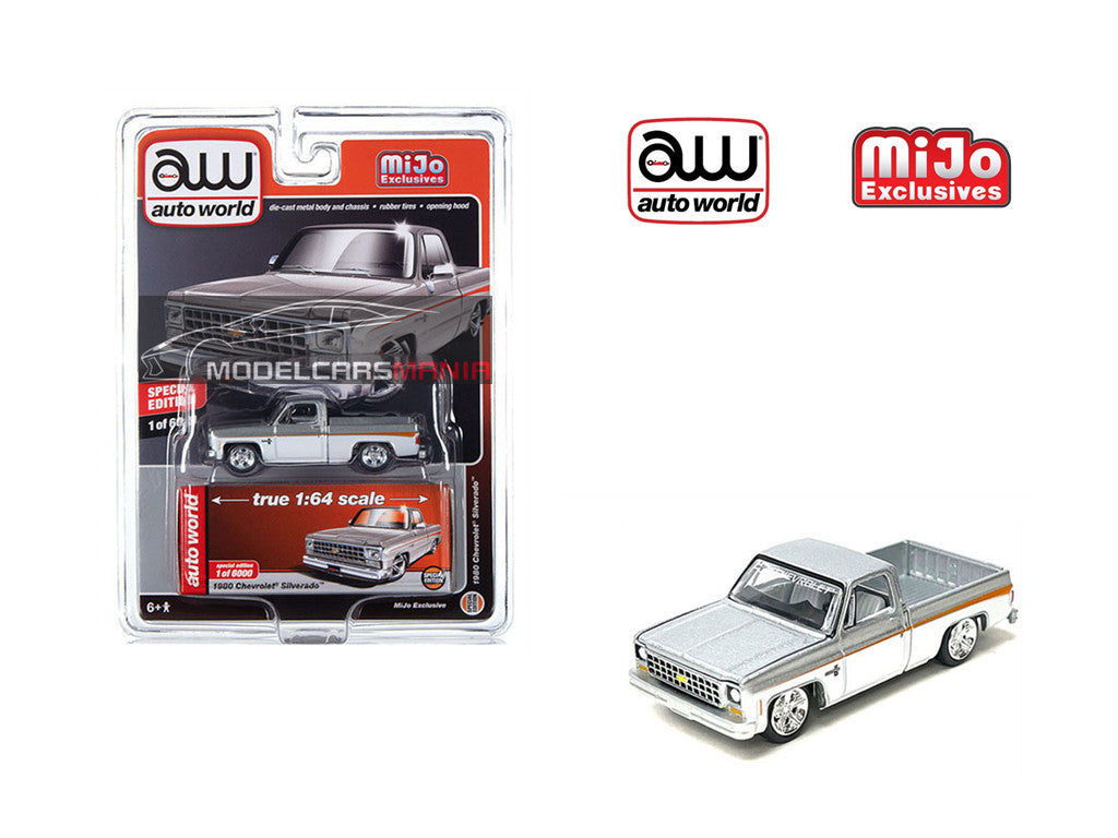 1/64 Auto World Mijo Exclusives 1980 Chevrolet Silverado Custom Silver With White Two Tone Limited Edition CP7802