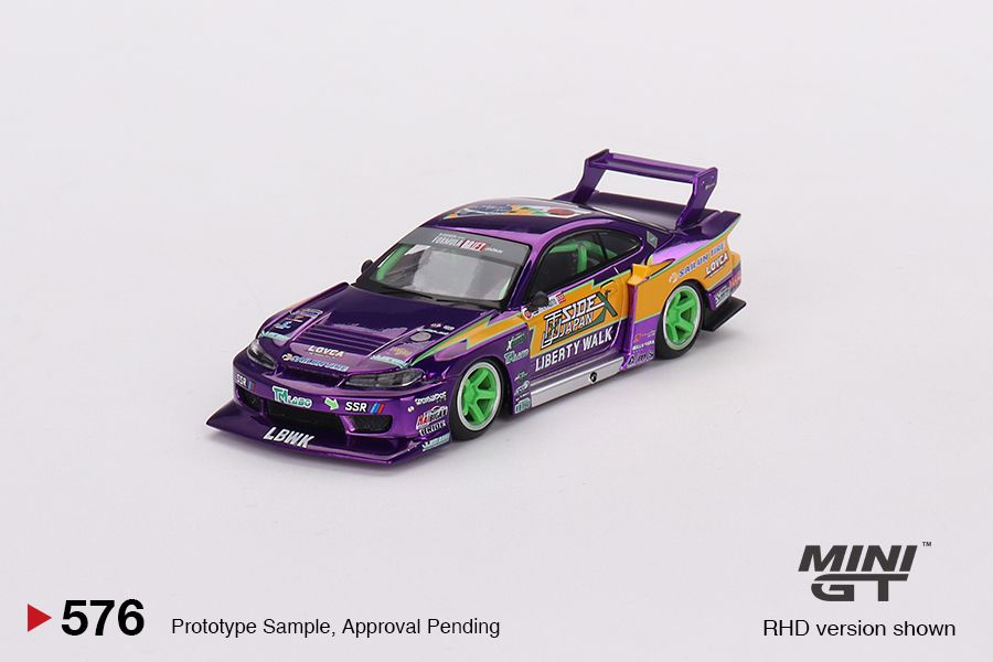 1:64 Mini GT #576 Nissan S15 SILVIA LB-Super Silhouette #555 2022 Formula Drift Japan – Chrome Purple Limited Edition mgt00576
