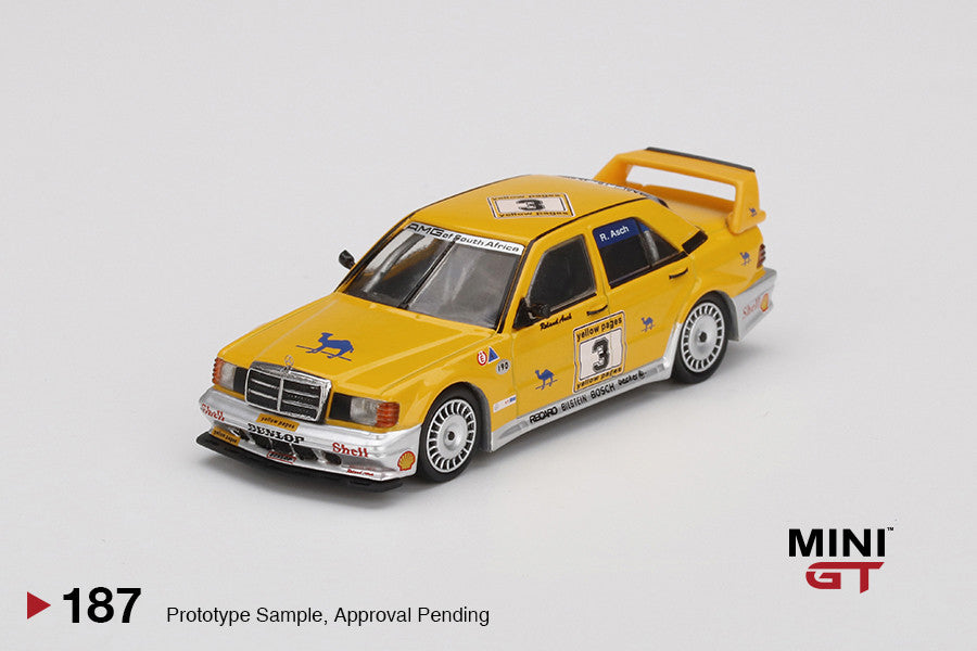 1:64 Mini GT #187 Mercedes-Benz 190E 2.5-16 Evolution II #3 "Camel" 1990 Yellow Page 200 Invitational Kyalami Limited Edition mgt00187