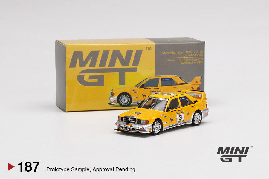 1:64 Mini GT #187 Mercedes-Benz 190E 2.5-16 Evolution II #3 "Camel" 1990 Yellow Page 200 Invitational Kyalami Limited Edition mgt00187