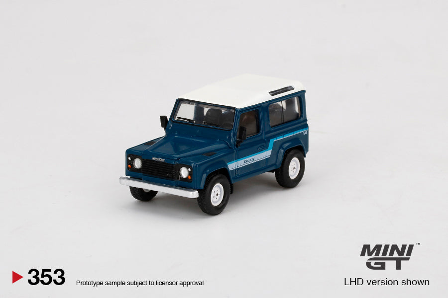 1:64 Mini GT #353 Land Rover Defender 90 County Wagon Stratos Blue Limited Edition mgt00353