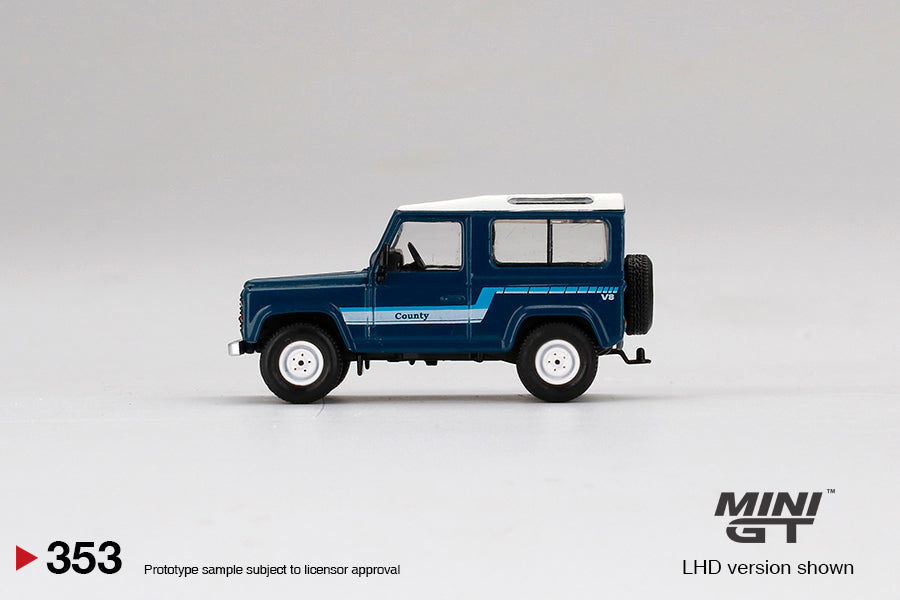 1:64 Mini GT #353 Land Rover Defender 90 County Wagon Stratos Blue Limited Edition mgt00353