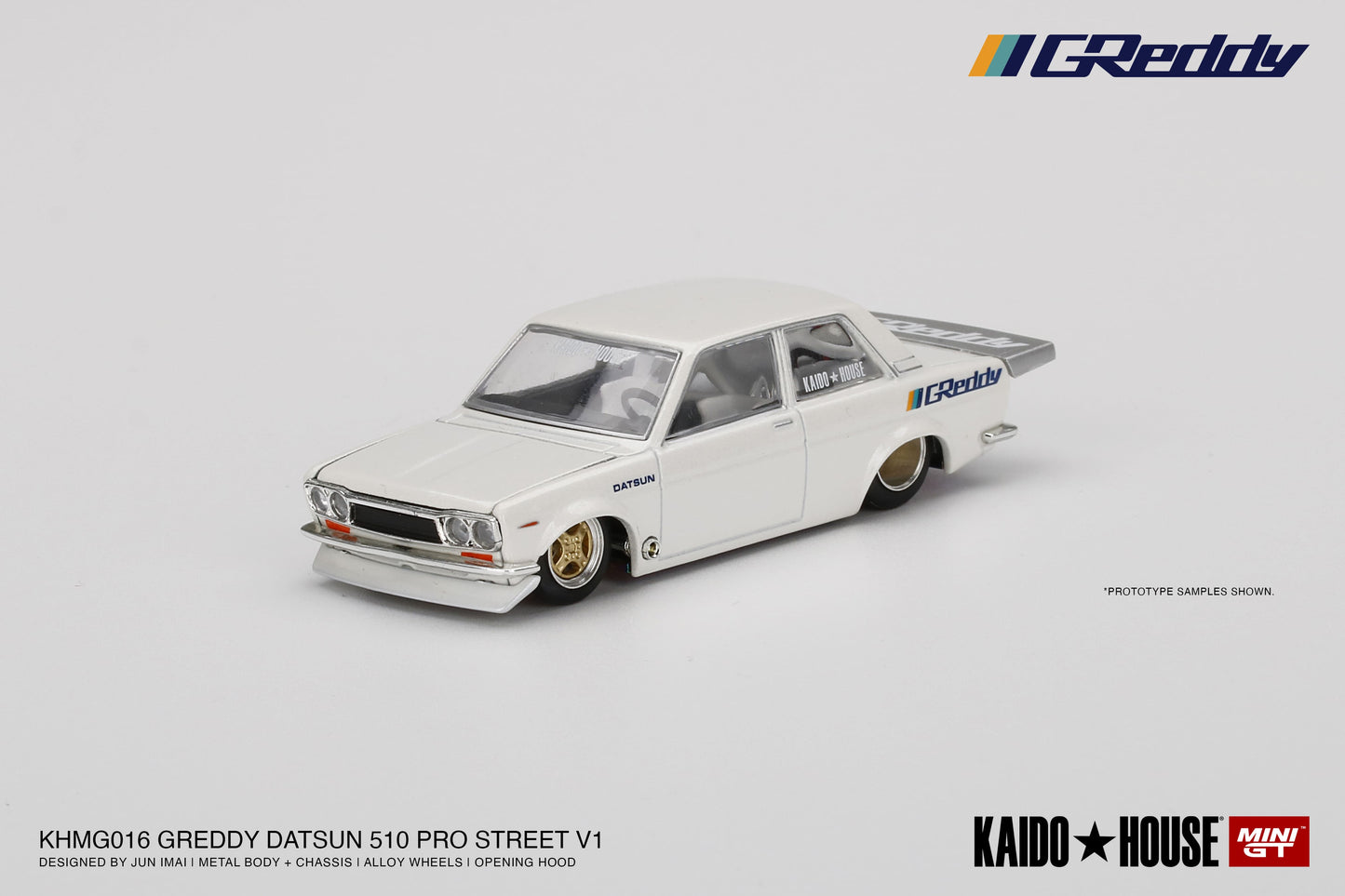1/64 Kaido House x Mini GT Datsun 510 Pro Street GREDDY Pearl White Limited Edition KHMG016 (SEALED)