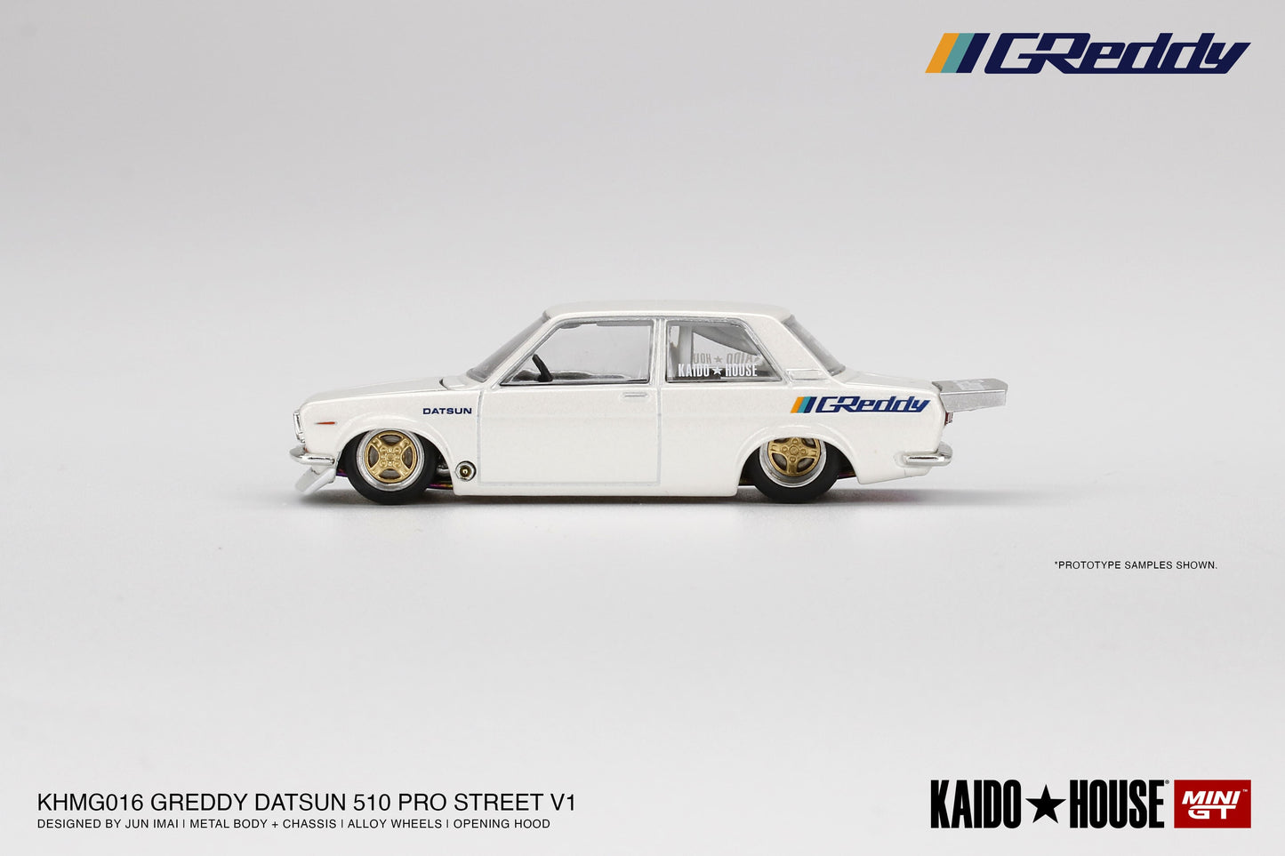 1/64 Kaido House x Mini GT Datsun 510 Pro Street GREDDY Pearl White Limited Edition KHMG016 (SEALED)