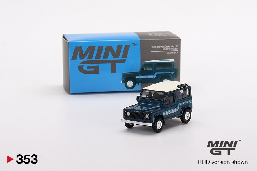 1:64 Mini GT #353 Land Rover Defender 90 County Wagon Stratos Blue Limited Edition mgt00353
