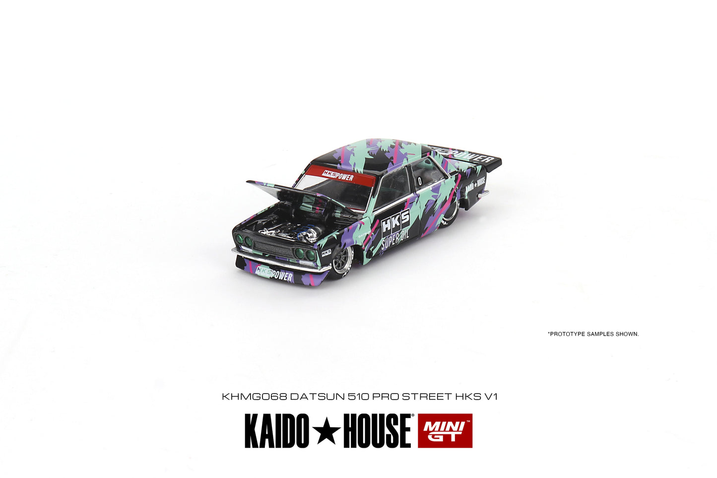 1/64 Kaido House x Mini GT Datsun 510 Pro Street HKS V1 – Black Green Limited Edition KHMG068 Sealed