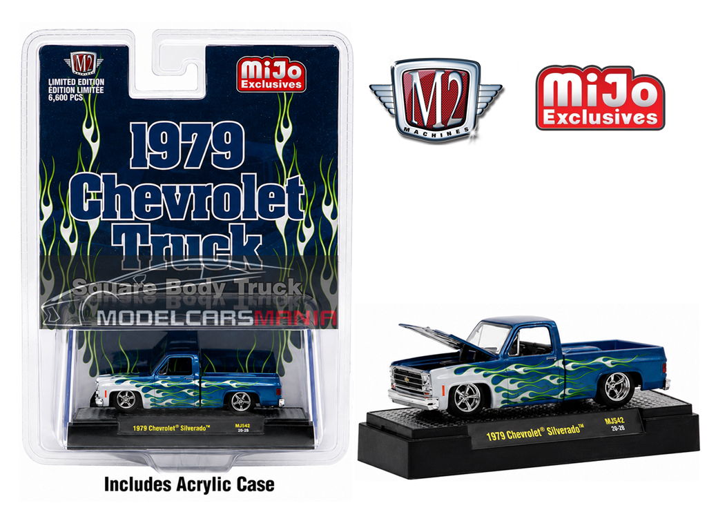 1/64 M2 Machines 1979 Chevrolet Silverado Pickup Truck Square Body Truck Blue With Flames Limited Edition MiJo Exclusives 31500-MJS42