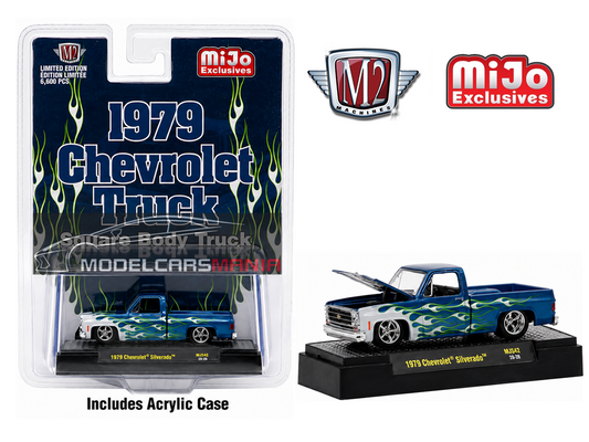 1/64 M2 Machines 1979 Chevrolet Silverado Pickup Truck Square Body Truck Blue With Flames Limited Edition MiJo Exclusives 31500-MJS42