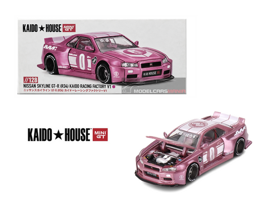 1/64 Kaido House x Mini GT Nissan Skyline GT-R (R34) Kaido Racing Factory V1 Pink Limited Edition KHMG128 SEALED