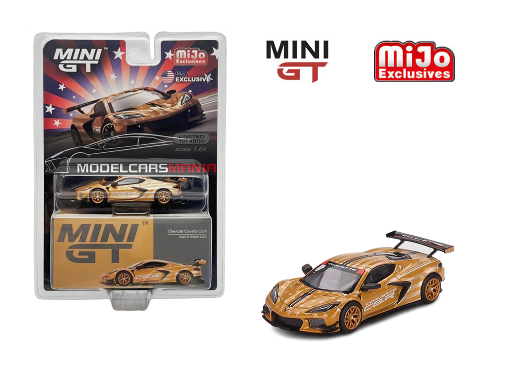 1:64 Mini GT #548 Chevrolet Corvette C8.R Stars & Stripes 2023 Gold Silver Limited 4,800 Pieces Worldwide MGT00548