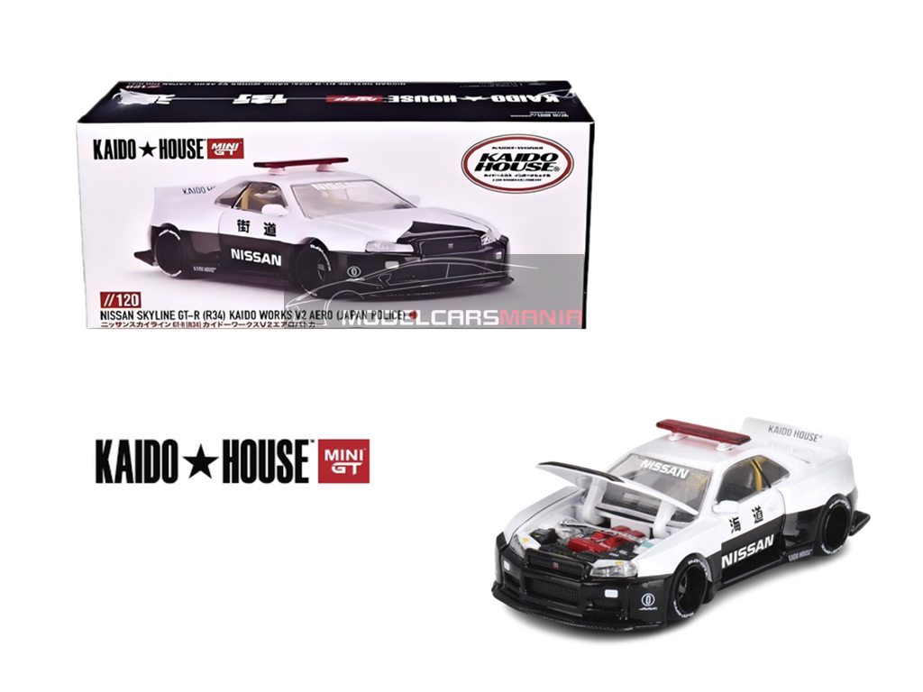 1/64 Kaido House x Mini GT Nissan Skyline GT-R R34 Kaido Works (V2 Aero) Police Limited Edition KHMG120 SEALED