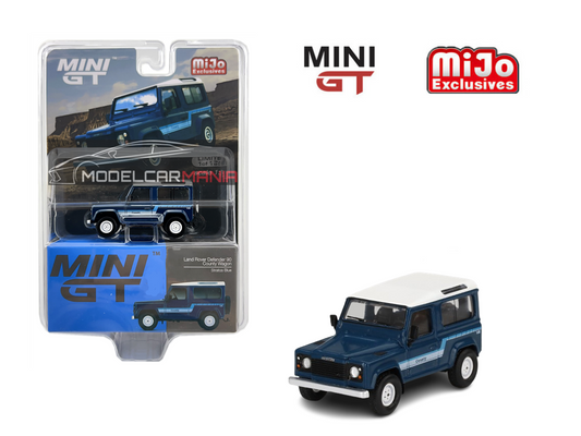 1:64 Mini GT #353 Land Rover Defender 90 County Wagon Stratos Blue Limited Edition mgt00353