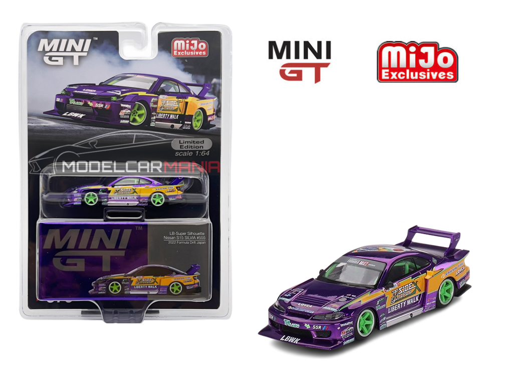 1:64 Mini GT #576 Nissan S15 SILVIA LB-Super Silhouette #555 2022 Formula Drift Japan – Chrome Purple Limited Edition mgt00576