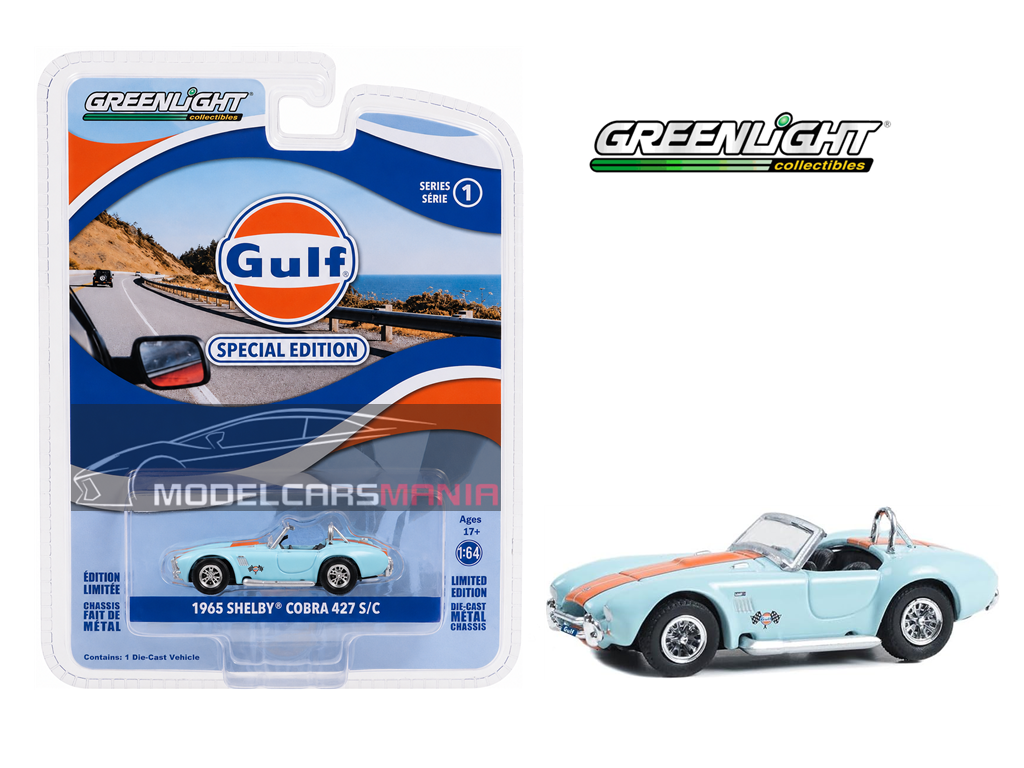 1/64 Greenlight 1965 Shelby Cobra 427 S/C Solid Pack Gulf Oil Special Edition Series 41135-A