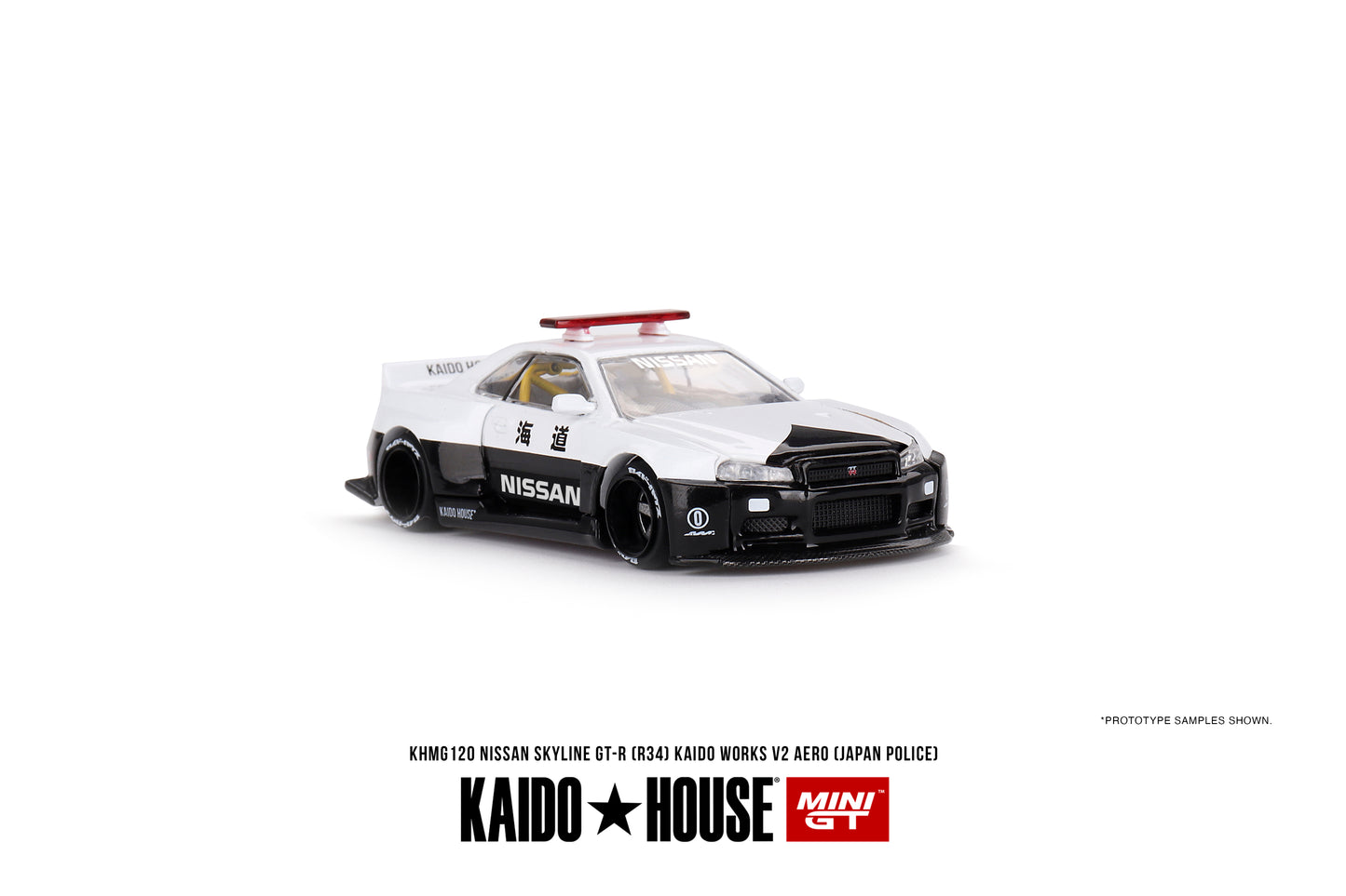 1/64 Kaido House x Mini GT Nissan Skyline GT-R R34 Kaido Works (V2 Aero) Police Limited Edition KHMG120 SEALED