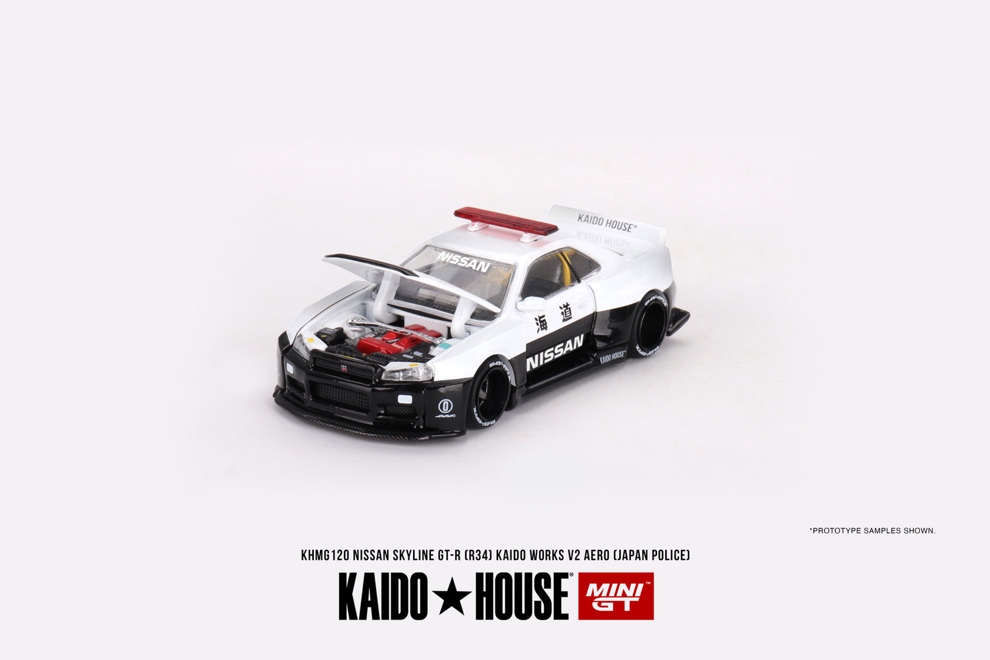 1/64 Kaido House x Mini GT Nissan Skyline GT-R R34 Kaido Works (V2 Aero) Police Limited Edition KHMG120 SEALED