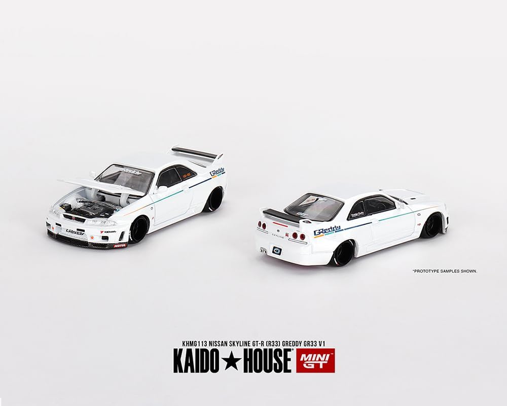 1/64 Kaido House x Mini GT Nissan Skyline GT-R (R33) Greddy GR33 V1 – White Limited Edition KHMG113 SEALED