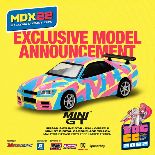 1/64 Mini GT #447 Nissan Skyline GT-R (R34) V-Spec II MINI GT Digital Camouflage Yellow Malaysia Exclusive Limited Edition