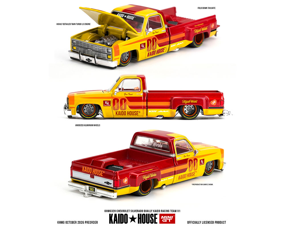 Pre-Order | 1:64 Kaido House x Mini GT Chevrolet Silverado Dually Kaido Racing Team V1 – Yellow Red Two- Tone Limited Edition KHMG320