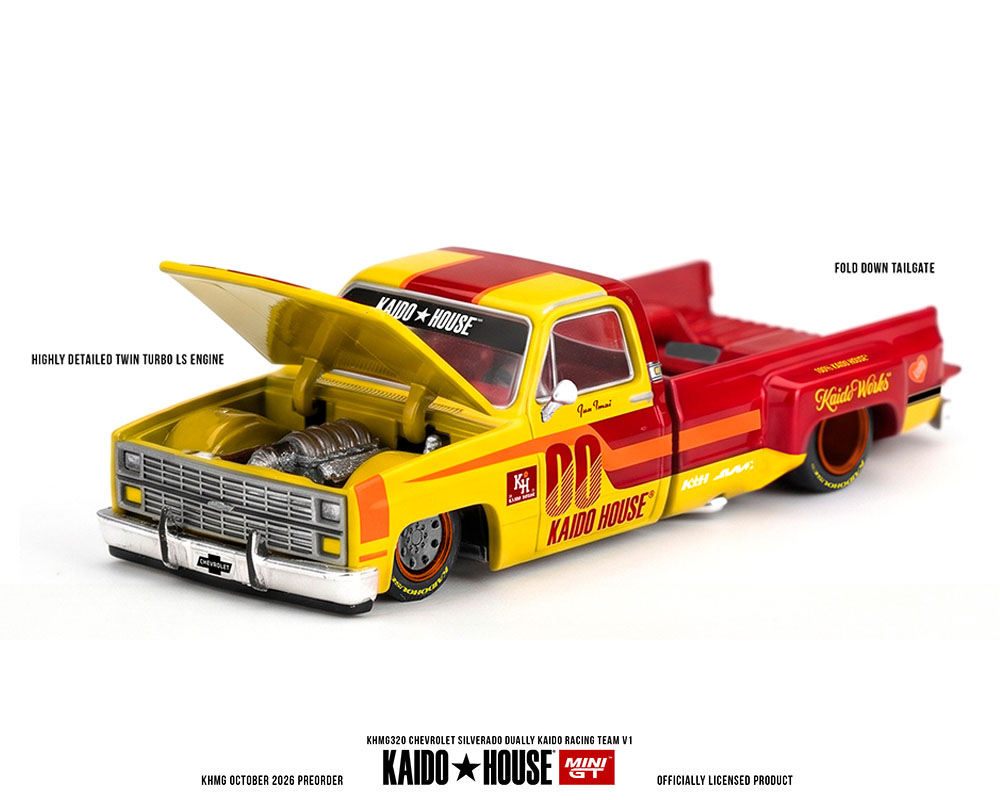 Pre-Order | 1:64 Kaido House x Mini GT Chevrolet Silverado Dually Kaido Racing Team V1 – Yellow Red Two- Tone Limited Edition KHMG320