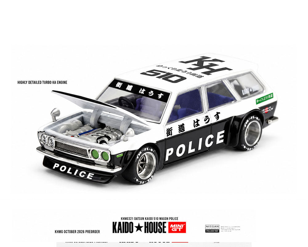 Pre-Order | 1:64 Kaido House x Mini GT Datsun KAIDO 510 Wagon Police – Black White Limited Edition KHMG321