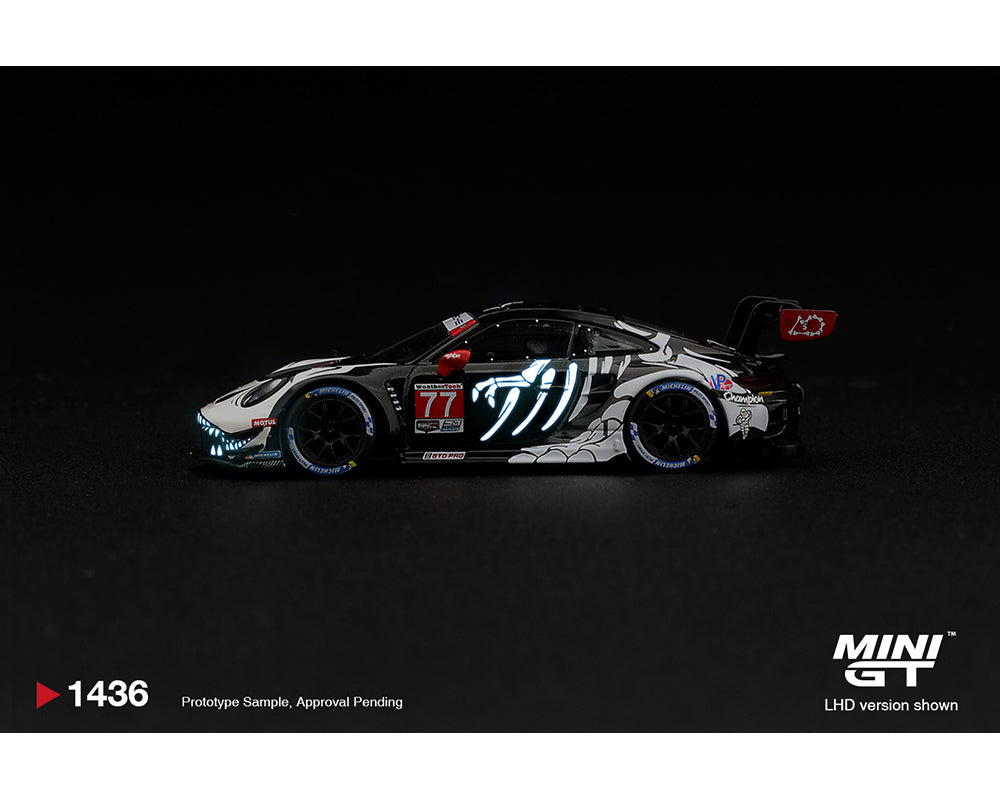 Pre-Order | 1:64 Mini GT #1436 Porsche 911 GT3 R (992) #77 AO Racing “Skeleton Rexy” 2026 IMSA Petit Le Mans – (Glow in the Dark) Limited Edition MGT01436