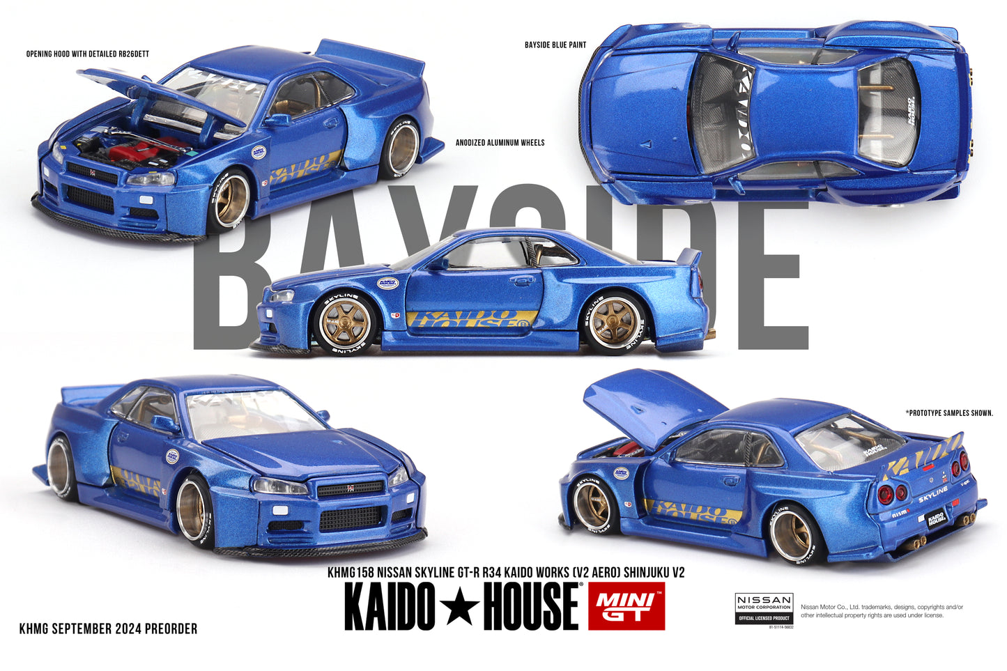 1/64 Kaido House x Mini GT Nissan Skyline GT-R (R34) Kaido Works (V2 Aero) SHINJUKU V2- Blue Limited Edition KHMG158 SEALED