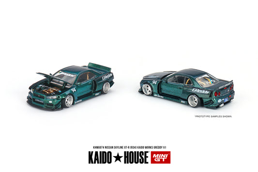 1:64 Mini GT Kaido House Nissan Skyline GT-R (R34) Kaido Works GReddy V1  Green  Limited Edition KHMG074 Sealed