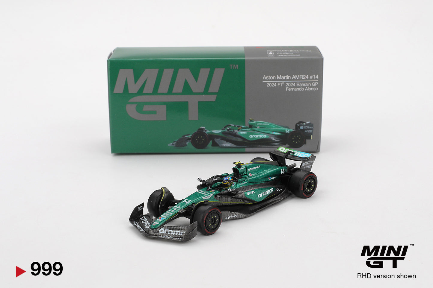 1:64 Mini GT #999 Aston Martin AMR24 #14 Fernando Alonso 2024 F1 2024 Bahrain GP Limited Edition MGT00999
