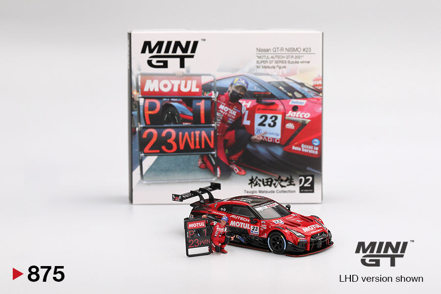 1:64 Mini GT #875 Nissan GT-R NISMO #23 “MOTUL AUTECH GT-R 2021” SUPER GT SERIES Suzuka winner W/ Matsuda Figure Limited Edition mgt00875