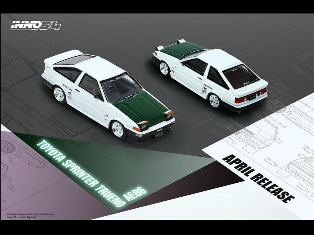 1:64 INNO64 Toyota Sprinter Trueno AE86 Drift Car White with Green Carbon Fiber Hood Special EdItion IN64-AE86T-DC