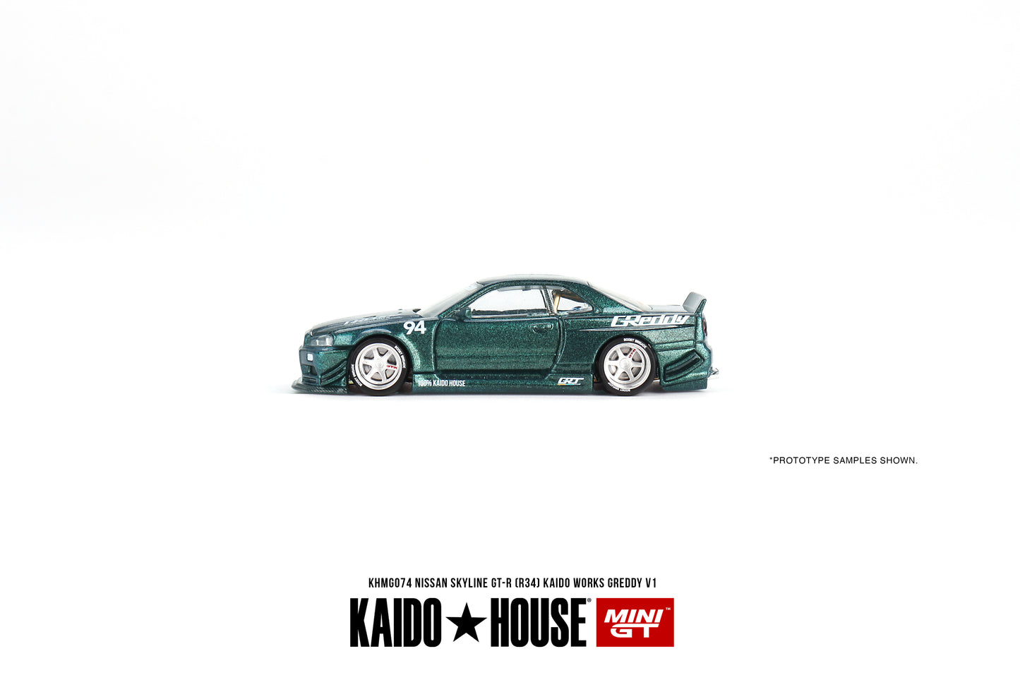 1:64 Mini GT Kaido House Nissan Skyline GT-R (R34) Kaido Works GReddy V1  Green  Limited Edition KHMG074 Sealed