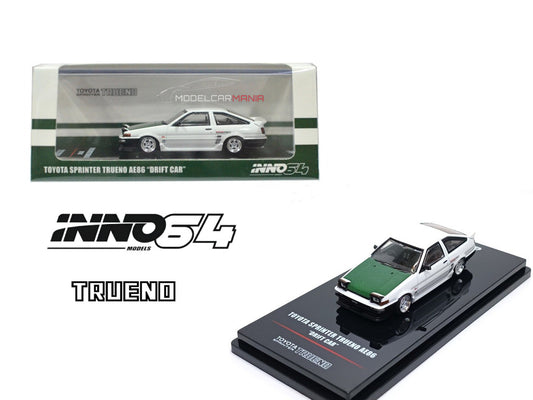 1:64 INNO64 Toyota Sprinter Trueno AE86 Drift Car White with Green Carbon Fiber Hood Special EdItion IN64-AE86T-DC