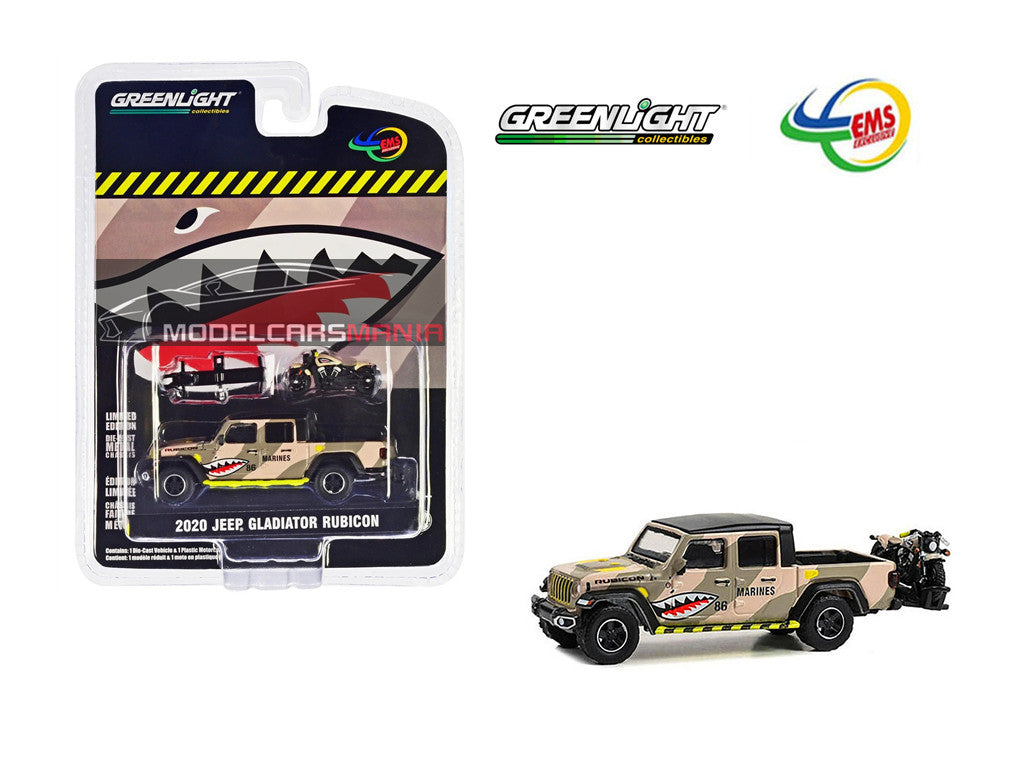 1/64 Greenlight Indonesia Exclusive 2020 Jeep Gladiator Rubicon With Indian Motorcycle Marine Livery Limited Edition 51525