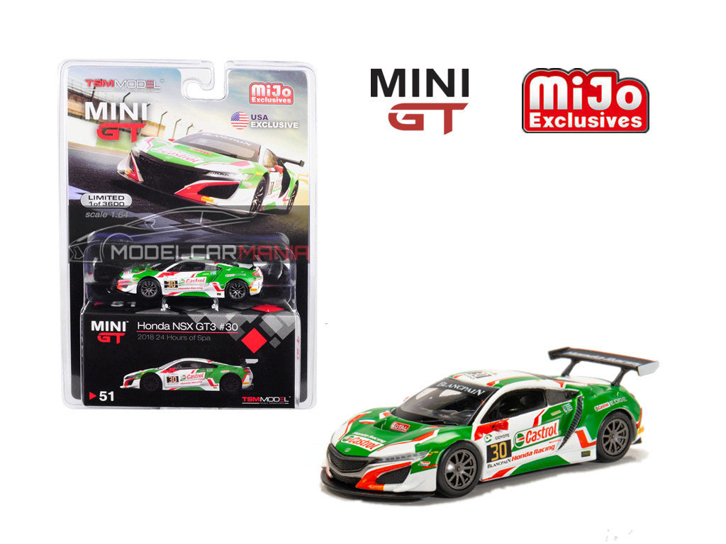 Mini GT 1:64 #51 Honda NSX GT3 #30 24HR SPA Castrol (Green/White) Limited Edition mgt00051