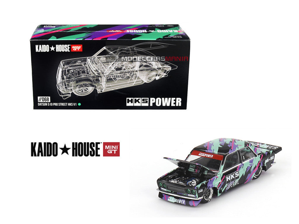 1/64 Kaido House x Mini GT Datsun 510 Pro Street HKS V1 – Black Green Limited Edition KHMG068 Sealed