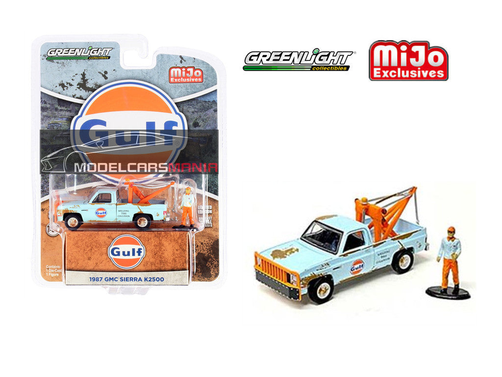 1/64 Greenlight Mijo Exclusive 1987 GMC Sierra K2500 Tow Truck GULF Weathered with Figure Limited Edition 51413