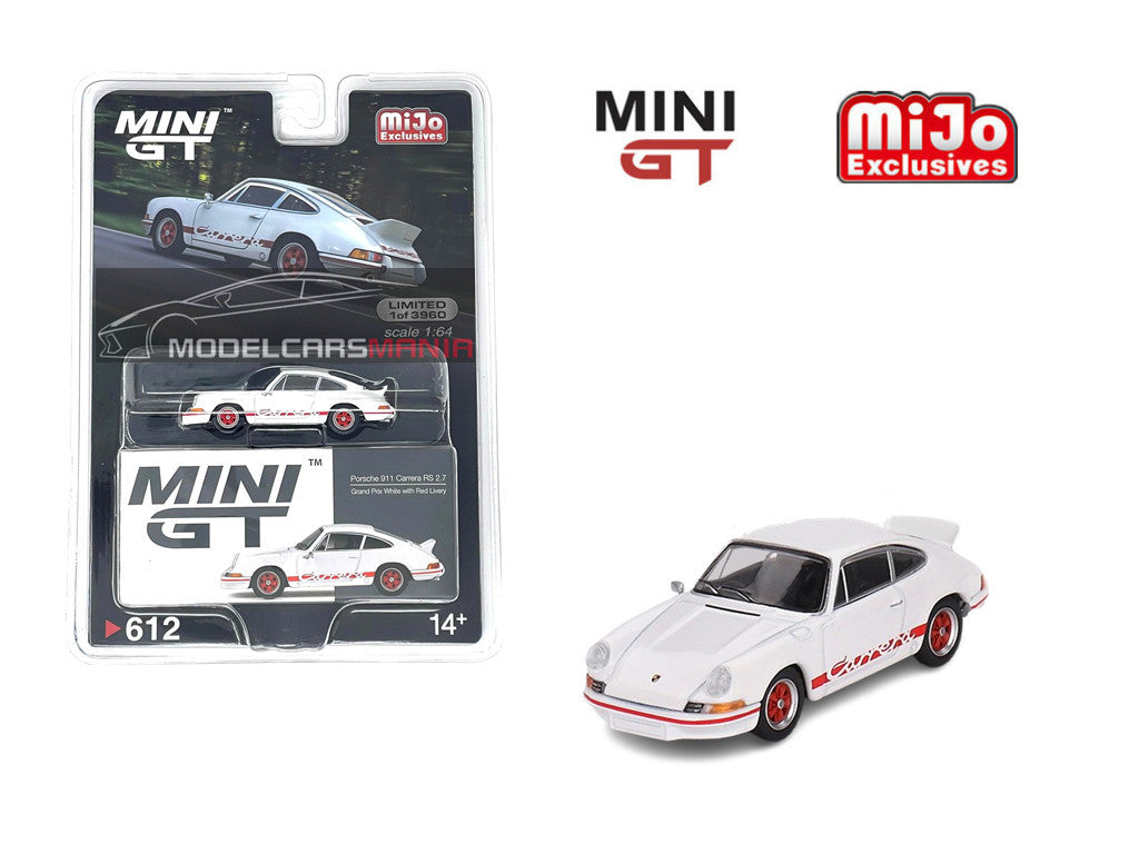 1/64 MINI GT #612 Porsche 911 Carrera RS 2.7 Grand Prix White with Red Livery Limited Edition mgt00612