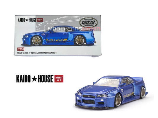 1/64 Kaido House x Mini GT Nissan Skyline GT-R (R34) Kaido Works (V2 Aero) SHINJUKU V2- Blue Limited Edition KHMG158 SEALED